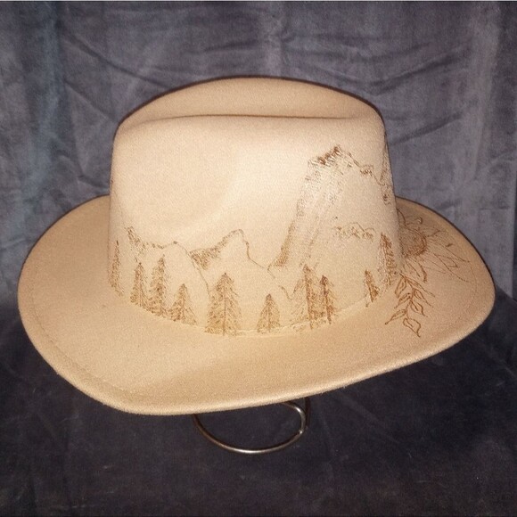 Hand Drawn Hand Burned Mountains and Sunflowers Tan Wide Brim Fedora Hat - Picture 2 of 9